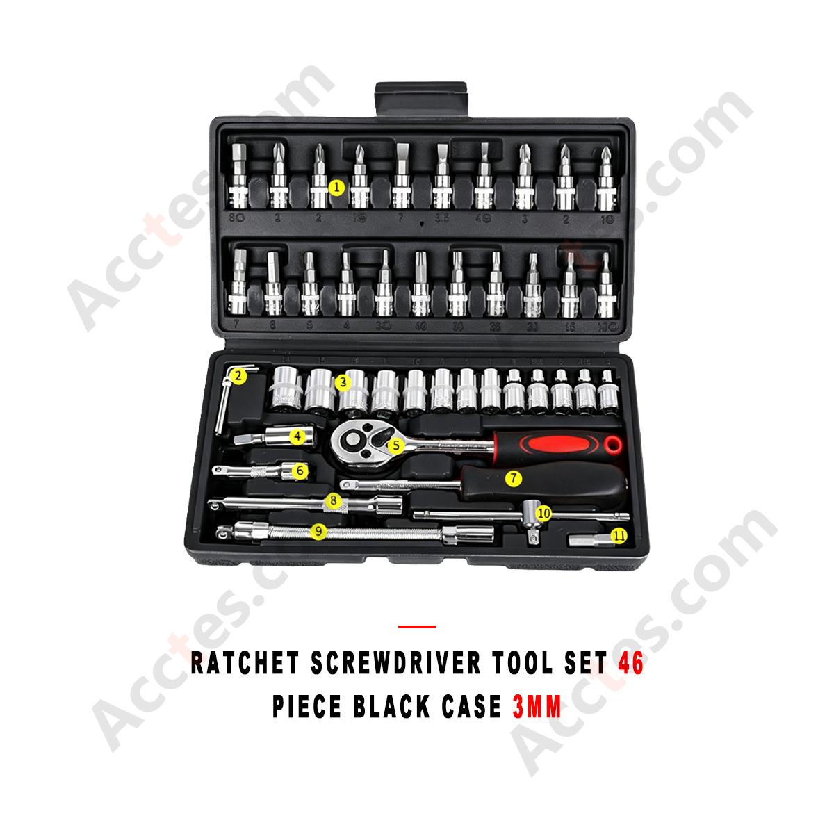 Auto Repair Ratchet Screwdriver Socket Wrench Tool Set 46 Piece Black Case
