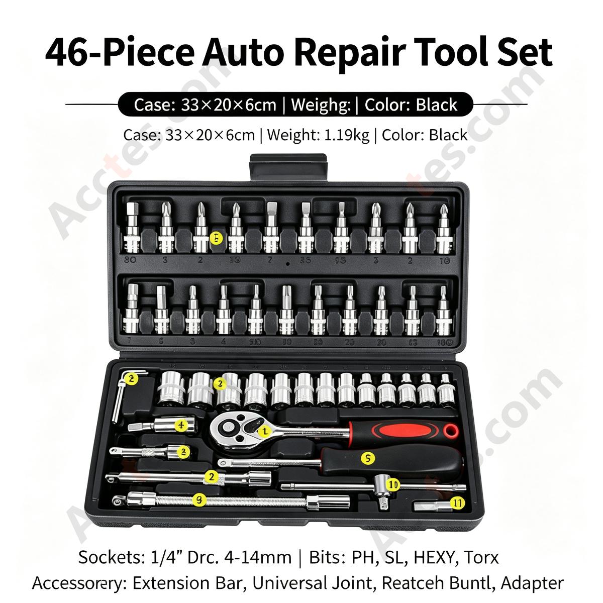 Auto Repair Ratchet Screwdriver Socket Wrench Tool Set 46 Piece Black Case