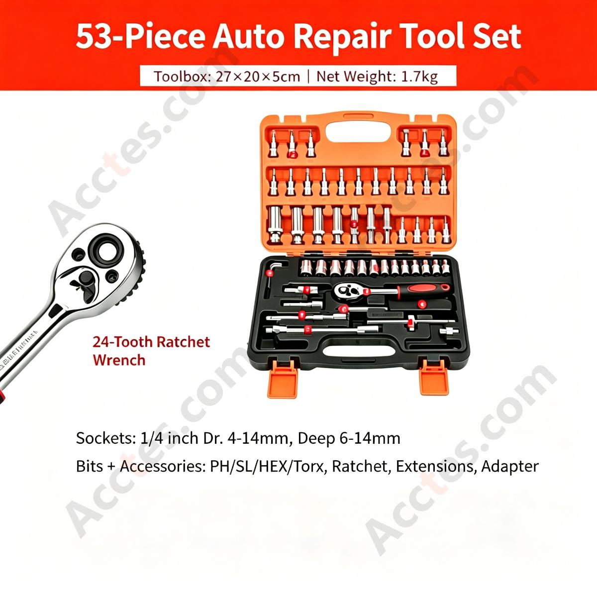 Auto Repair Ratchet Screwdriver Socket Wrench Tool Set 53 Piece Large Case