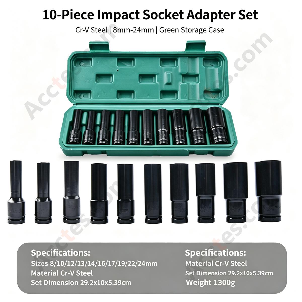 Auto Repair Pneumatic Impact Socket Wrench Set 10 Piece Green Case