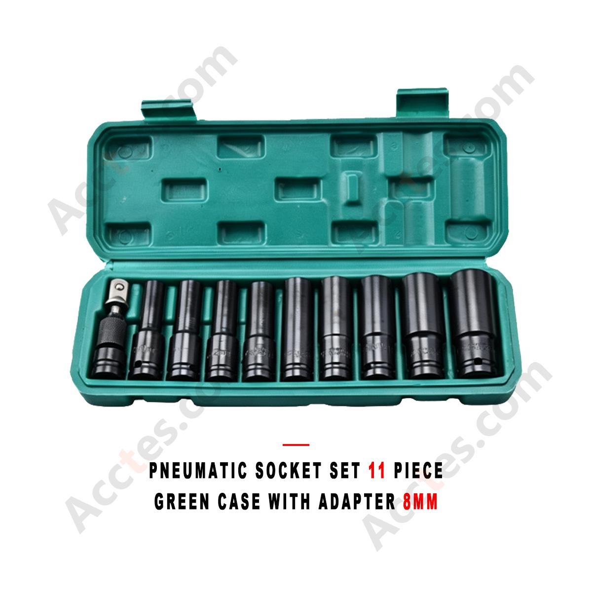 Auto Repair Pneumatic Impact Socket Wrench Set 11 Piece Green Case with Adapter