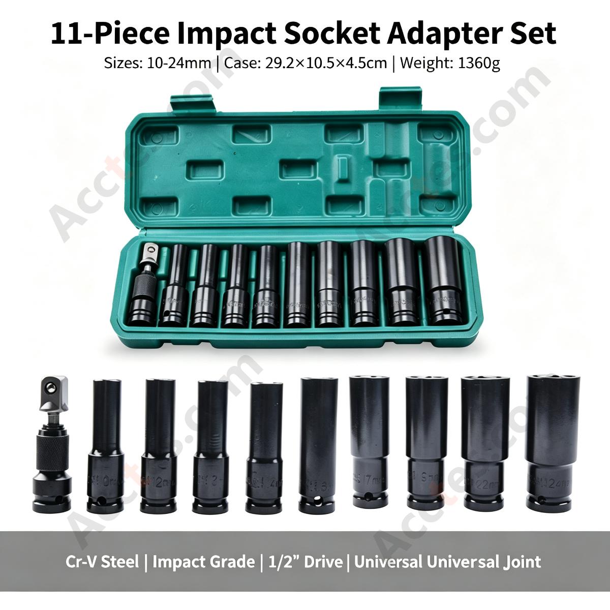 Auto Repair Pneumatic Impact Socket Wrench Set 11 Piece Green Case with Adapter