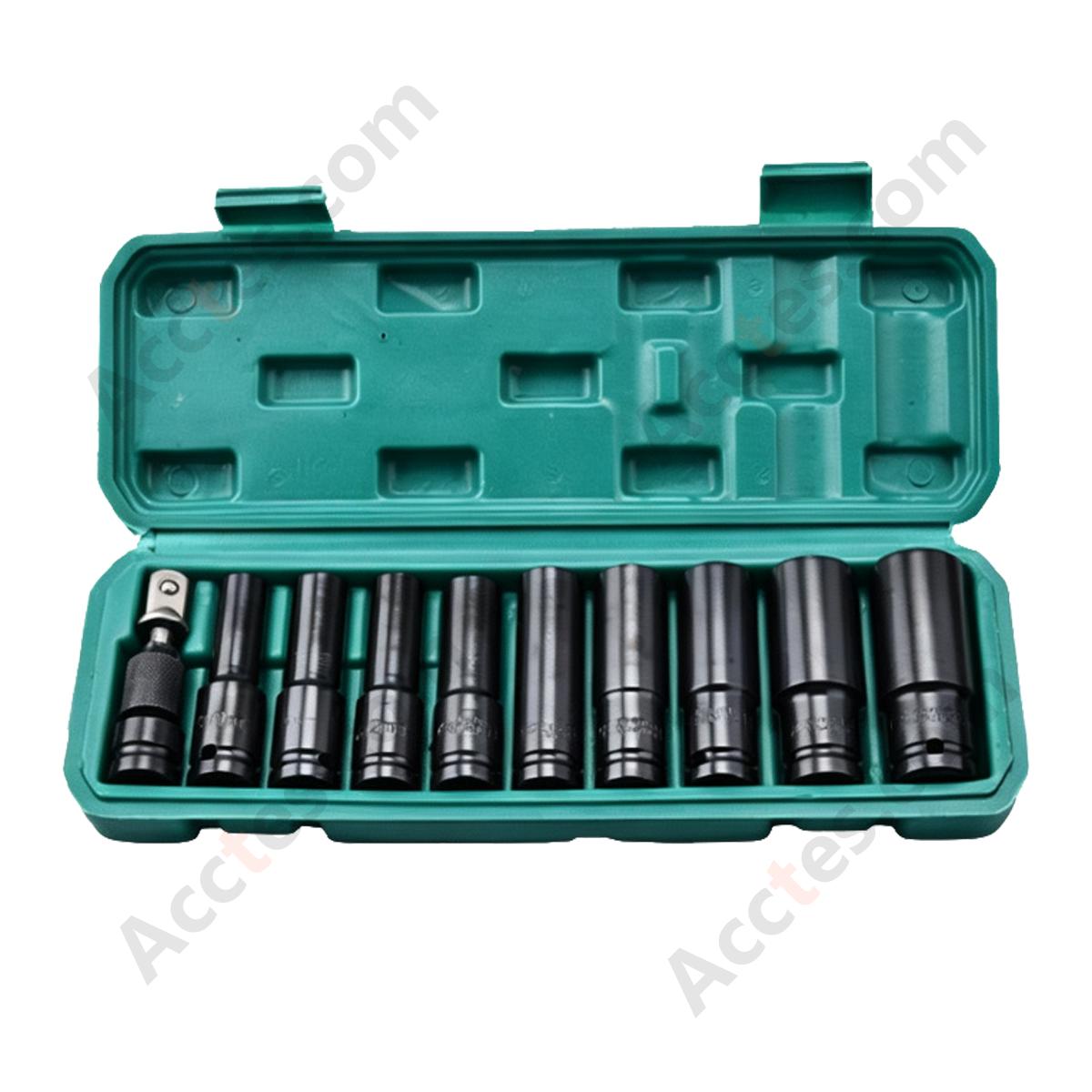 Auto Repair Pneumatic Impact Socket Wrench Set 11 Piece Green Case with Adapter