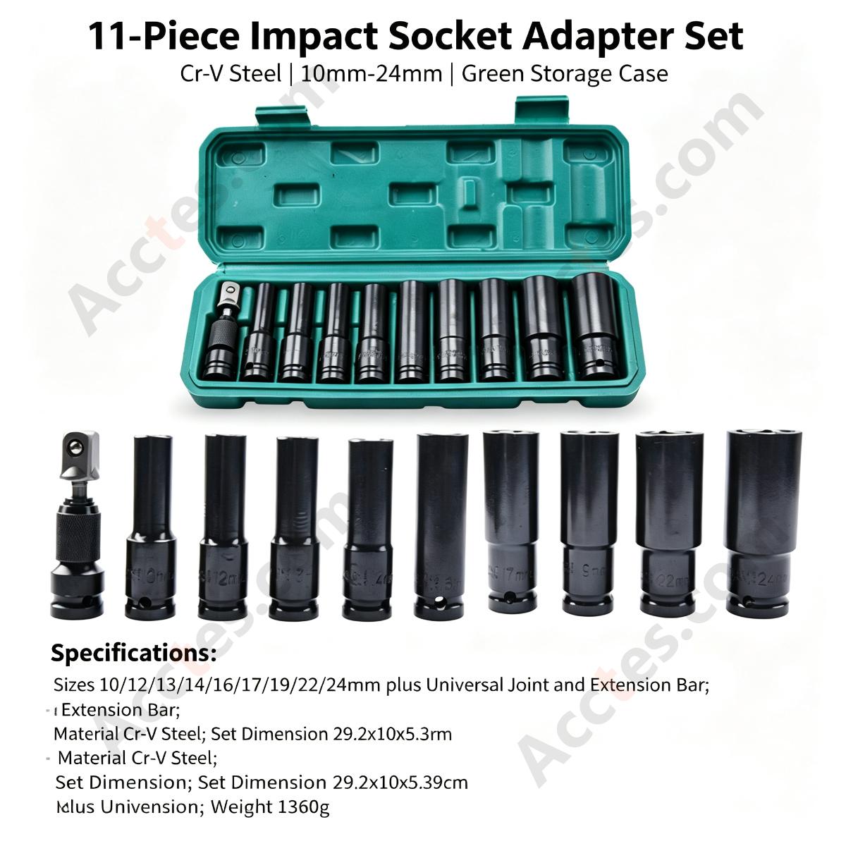 Auto Repair Pneumatic Impact Socket Wrench Set 11 Piece Green Case with Adapter