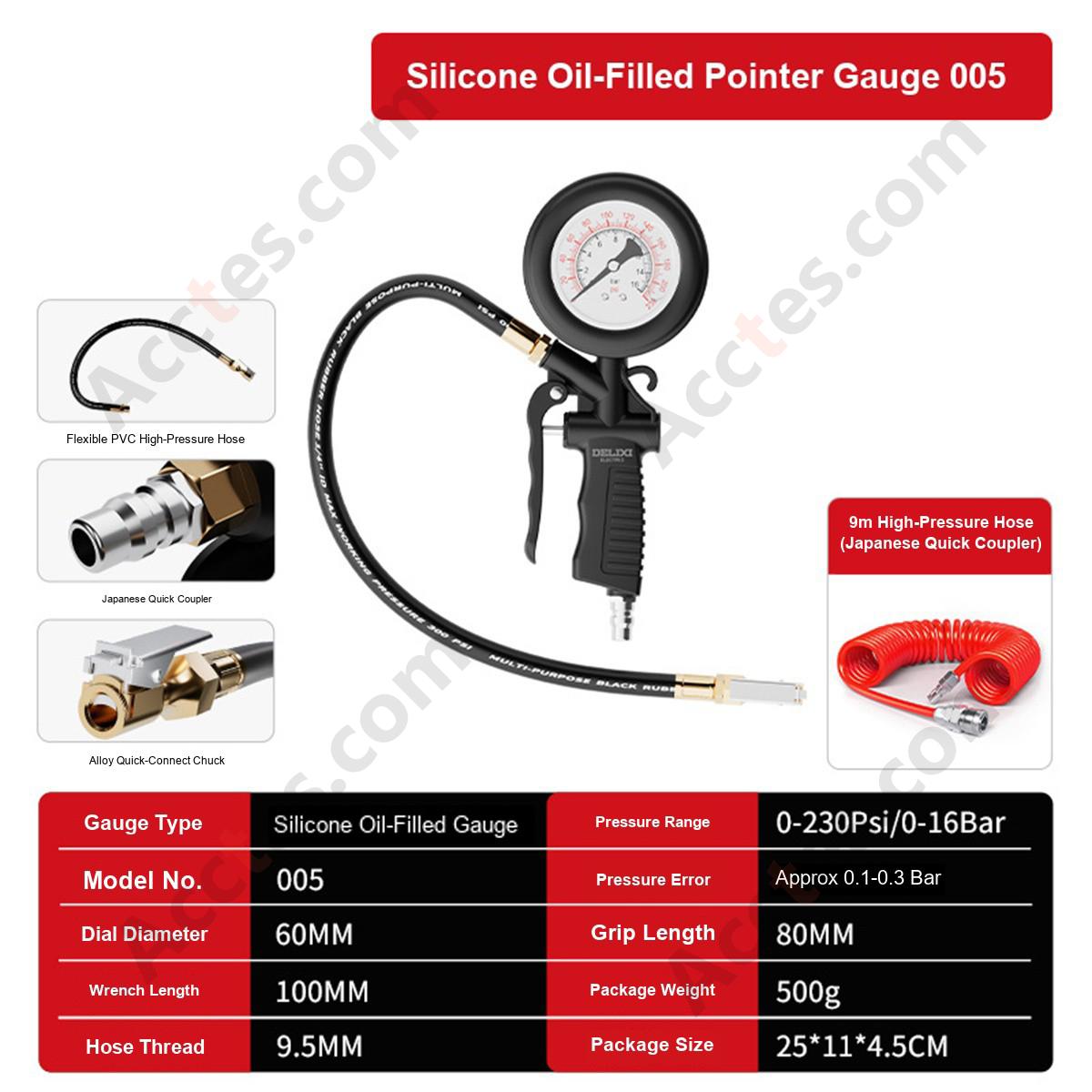 Oil Filled Mechanical Car Tire Pressure Gauge With 9 Meter Air Hose