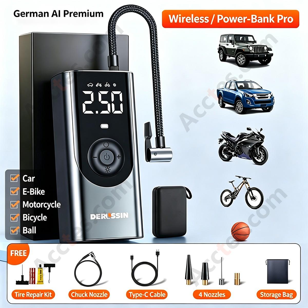 Portable Car Air Pump Wireless Power Bank Tire Inflator with Tire Repair Kit and Storage Box