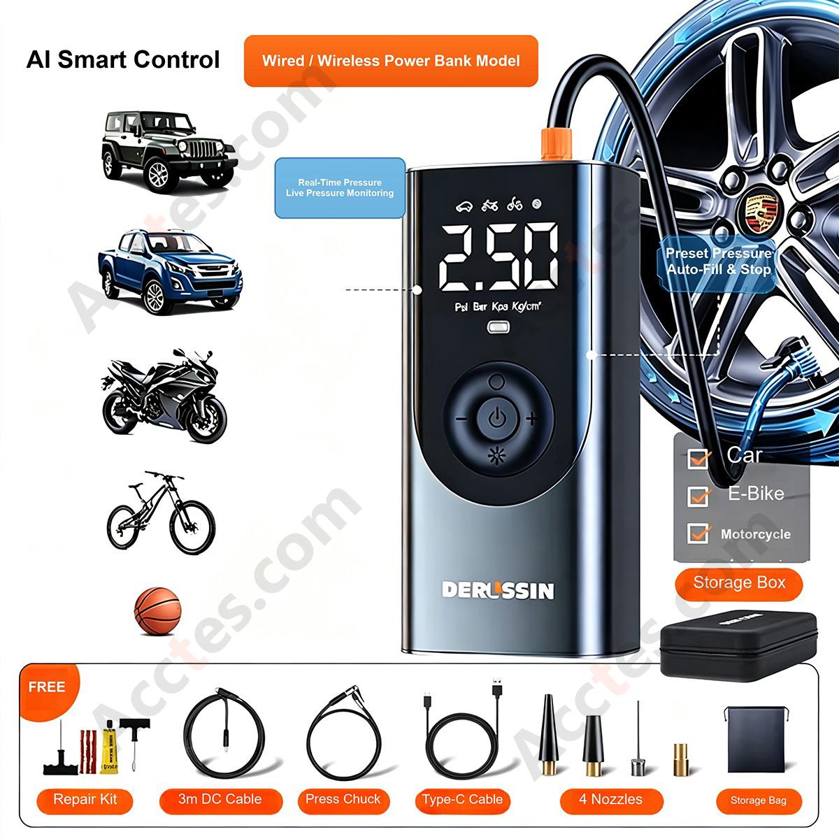 Portable Car Air Pump Wired Wireless Power Bank Tire Inflator with Storage Box