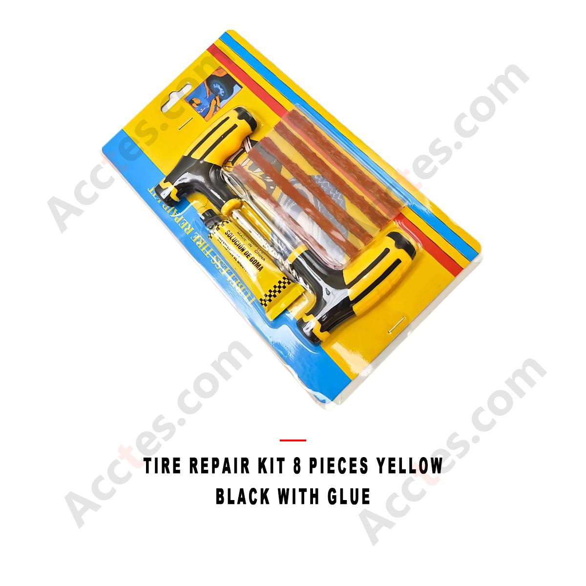 Car Tire Puncture Repair Kit 8 Pieces Yellow Black with Glue Card Pack