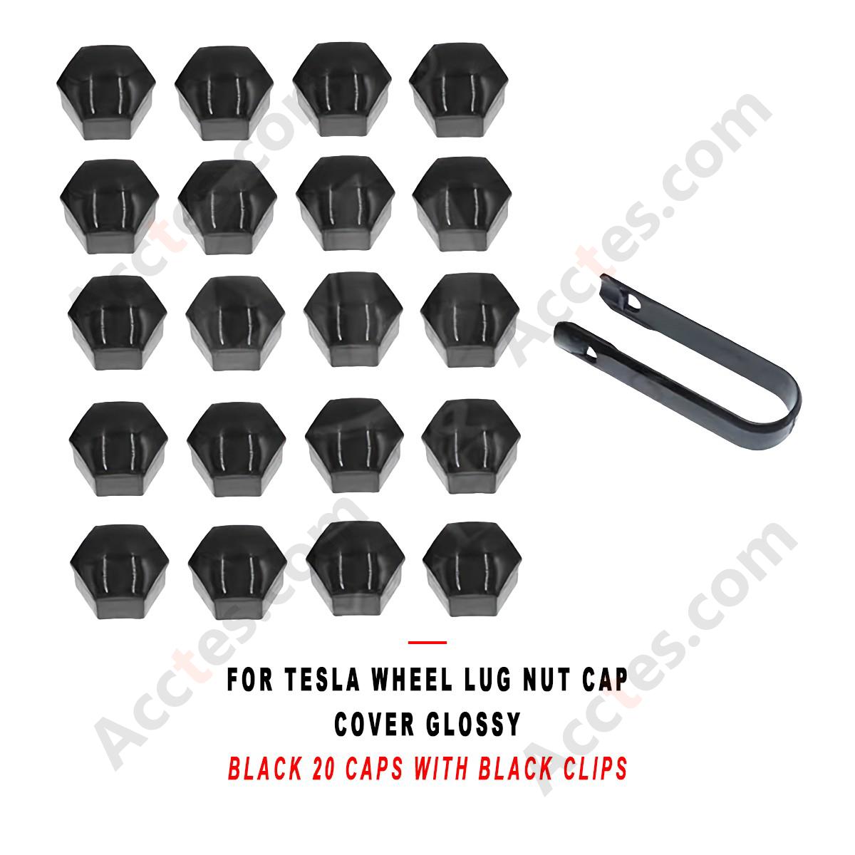 For Tesla Wheel Lug Nut Cap Cover Glossy Black 20 Caps with Black Clips