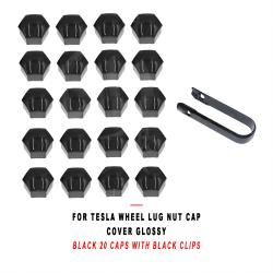 For Tesla Wheel Lug Nut Cap Cover Glossy Black 20 Caps with Black Clips