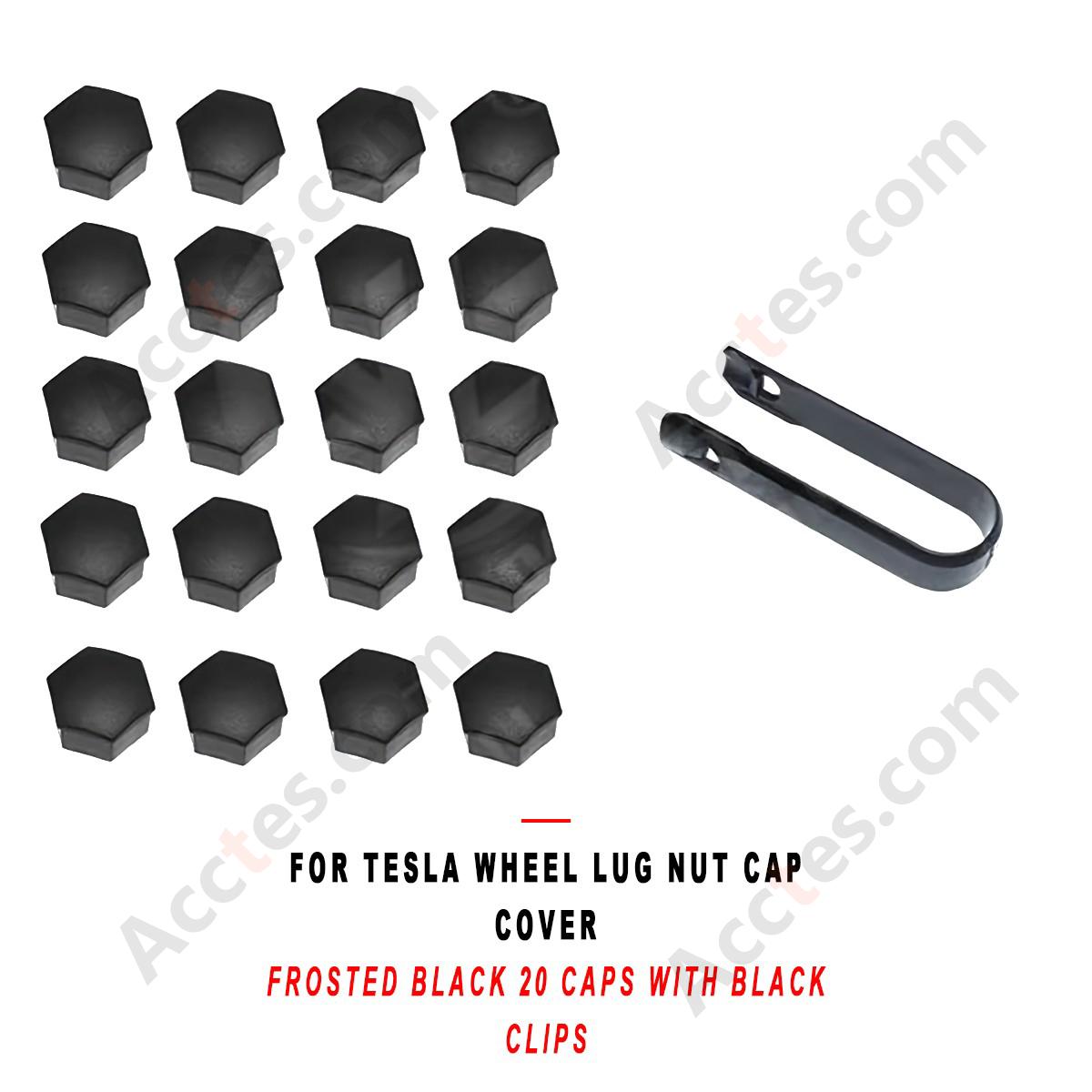 For Tesla Wheel Lug Nut Cap Cover Frosted Black 20 Caps with Black Clips