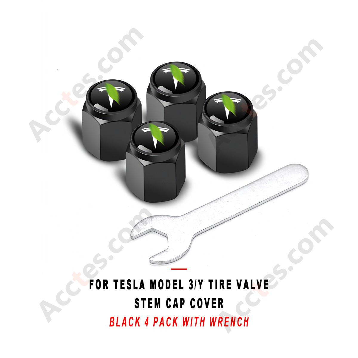 For Tesla Model 3/Y Tire Valve Stem Cap Cover Black 4 Pack with Wrench, TPMS Valve Caps Compatible with Tesla