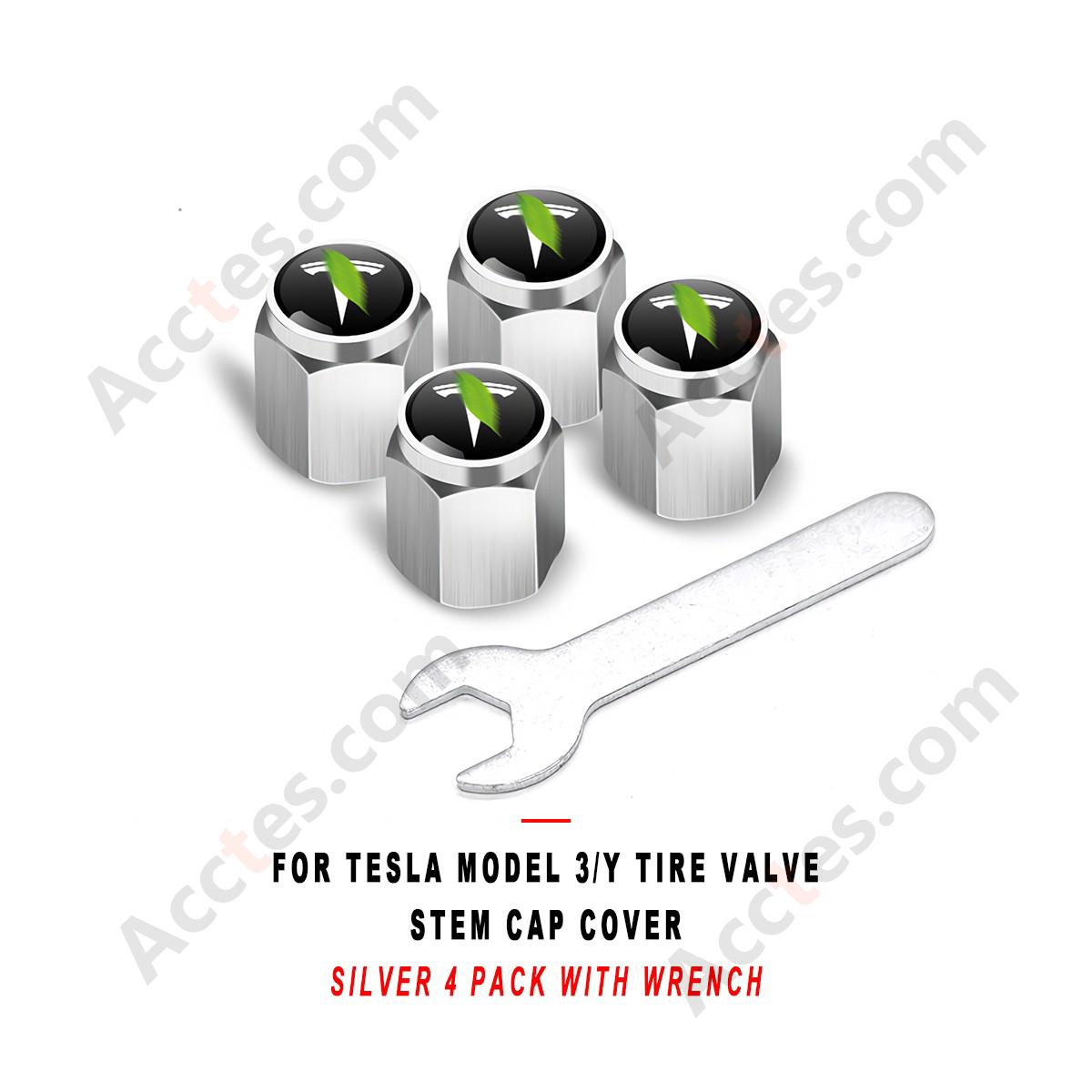 For Tesla Model 3/Y Tire Valve Stem Cap Cover Silver 4 Pack with Wrench, TPMS Valve Caps Compatible with Tesla