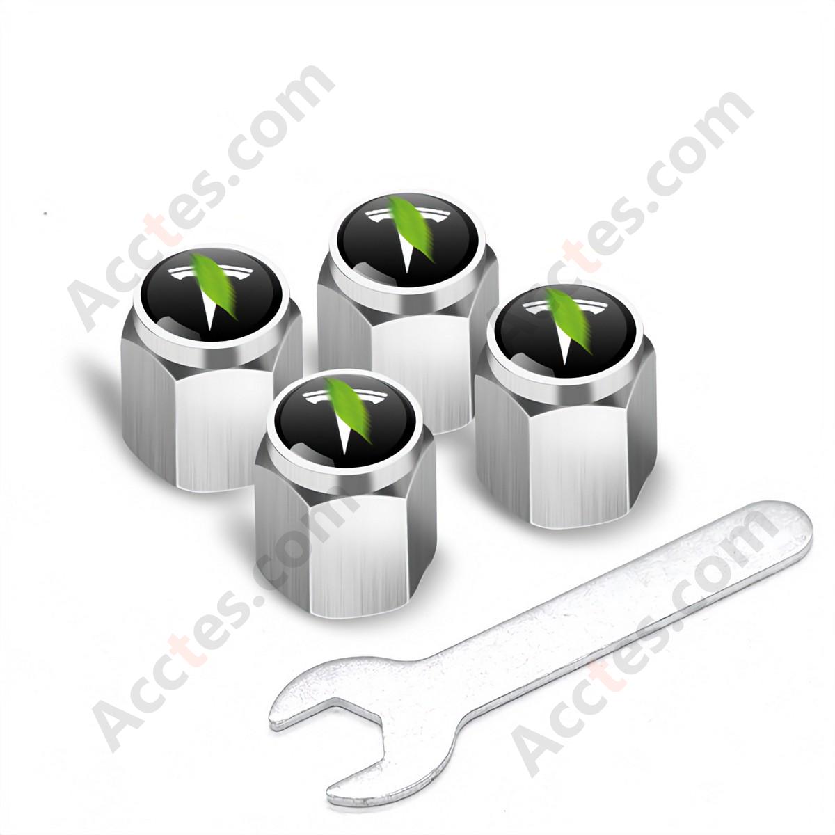 For Tesla Model 3/Y Tire Valve Stem Cap Cover Silver 4 Pack with Wrench, TPMS Valve Caps Compatible with Tesla
