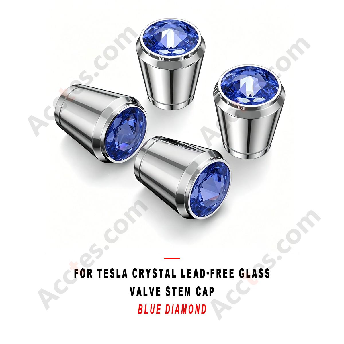 For Tesla Crystal Lead-free Glass Valve Stem Cap Blue Diamond, Decorative Valve Cap Compatible with Tesla