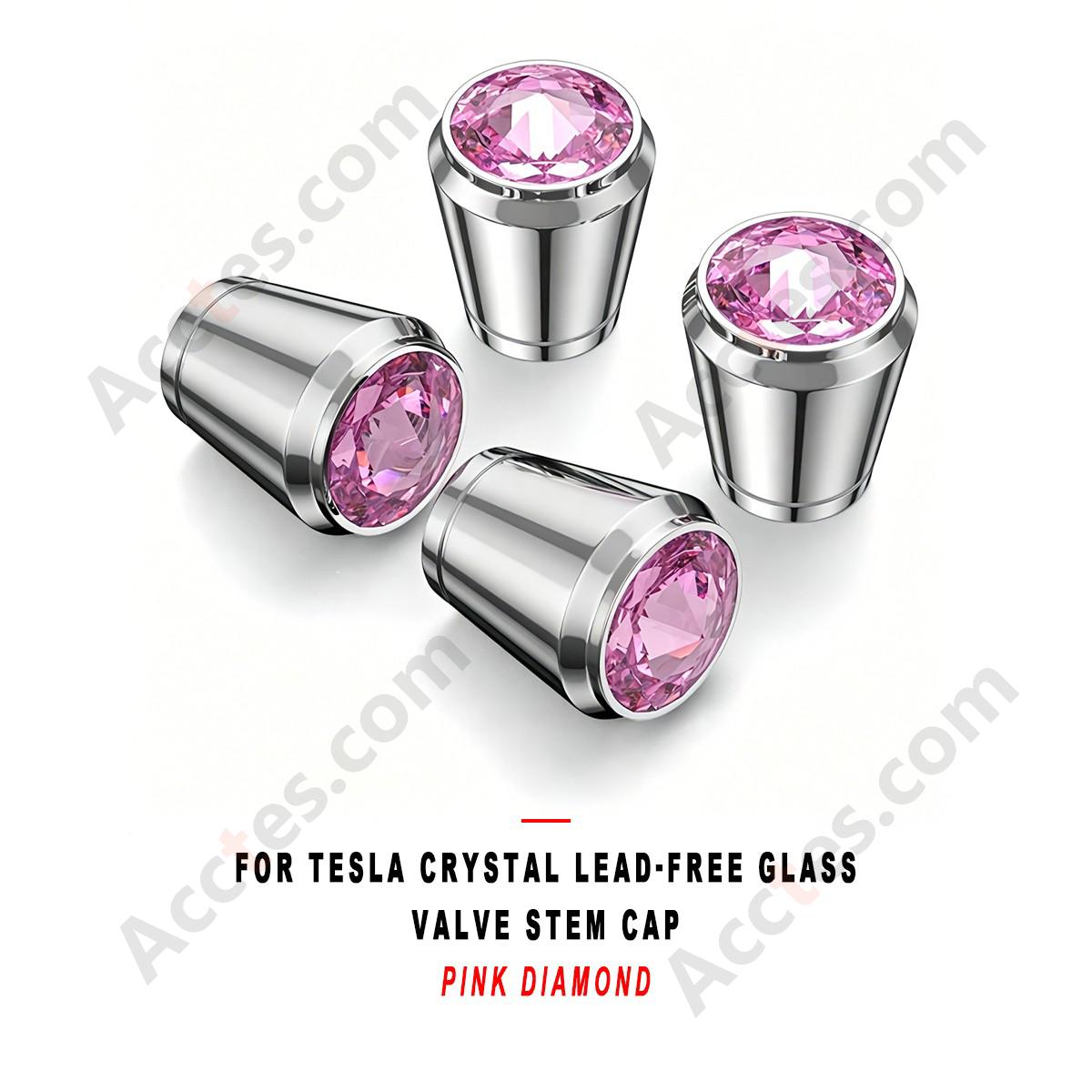For Tesla Crystal Lead-free Glass Valve Stem Cap Pink Diamond, Decorative Valve Cap Compatible with Tesla