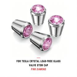 For Tesla Crystal Lead-free Glass Valve Stem Cap Pink Diamond, Decorative Valve Cap Compatible with Tesla