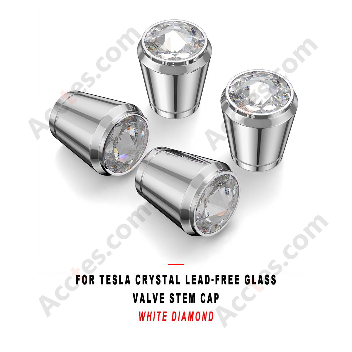 For Tesla Crystal Lead-Free Glass Tire Valve Stem Cap, White Diamond, Universal Fit Valve Stem Caps for Cars