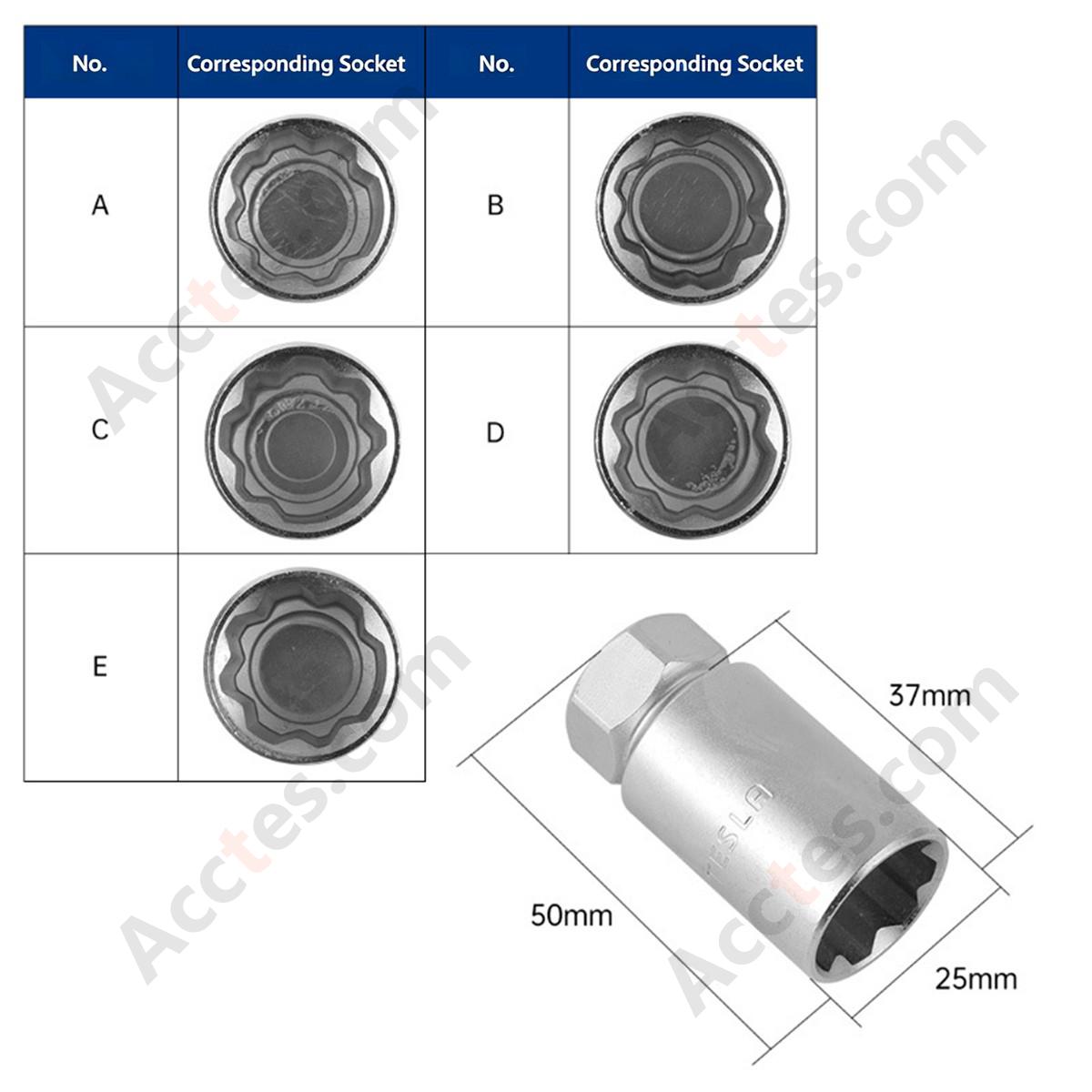 For Tesla Model 3 Locking Lug Nut Socket, Anti-Theft Lug Nut Key Set, 5 PCS, Wheel Lock Removal Tool