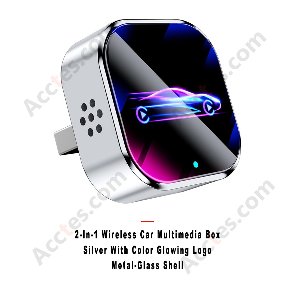 2-in-1 Wireless Car Screen Mirroring Adapter Silver Metal Glass Housing