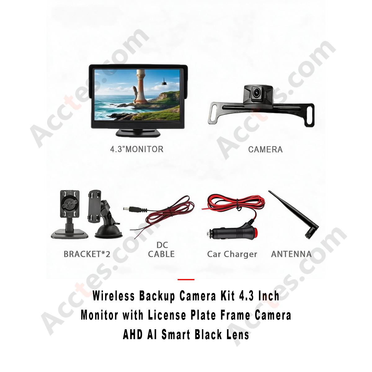 Wireless Backup Camera Kit 4.3 Inch Monitor with License Plate Frame Camera AHD AI Smart Black Lens