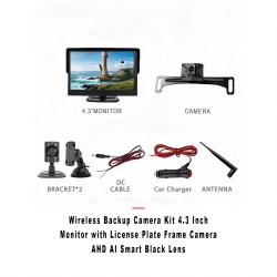 Wireless Backup Camera Kit 4.3 Inch Monitor with License Plate Frame Camera AHD AI Smart Black Lens