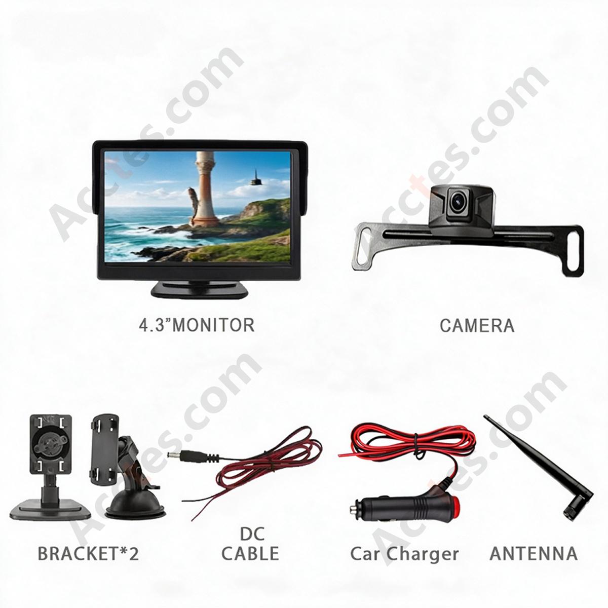 Wireless Backup Camera Kit 4.3 Inch Monitor with License Plate Frame Camera AHD AI Smart Black Lens