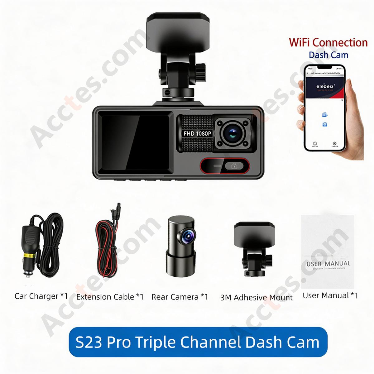 3 Channel Dash Cam 1080P WiFi S23 Pro Model Front Middle Rear Interior Rear Camera