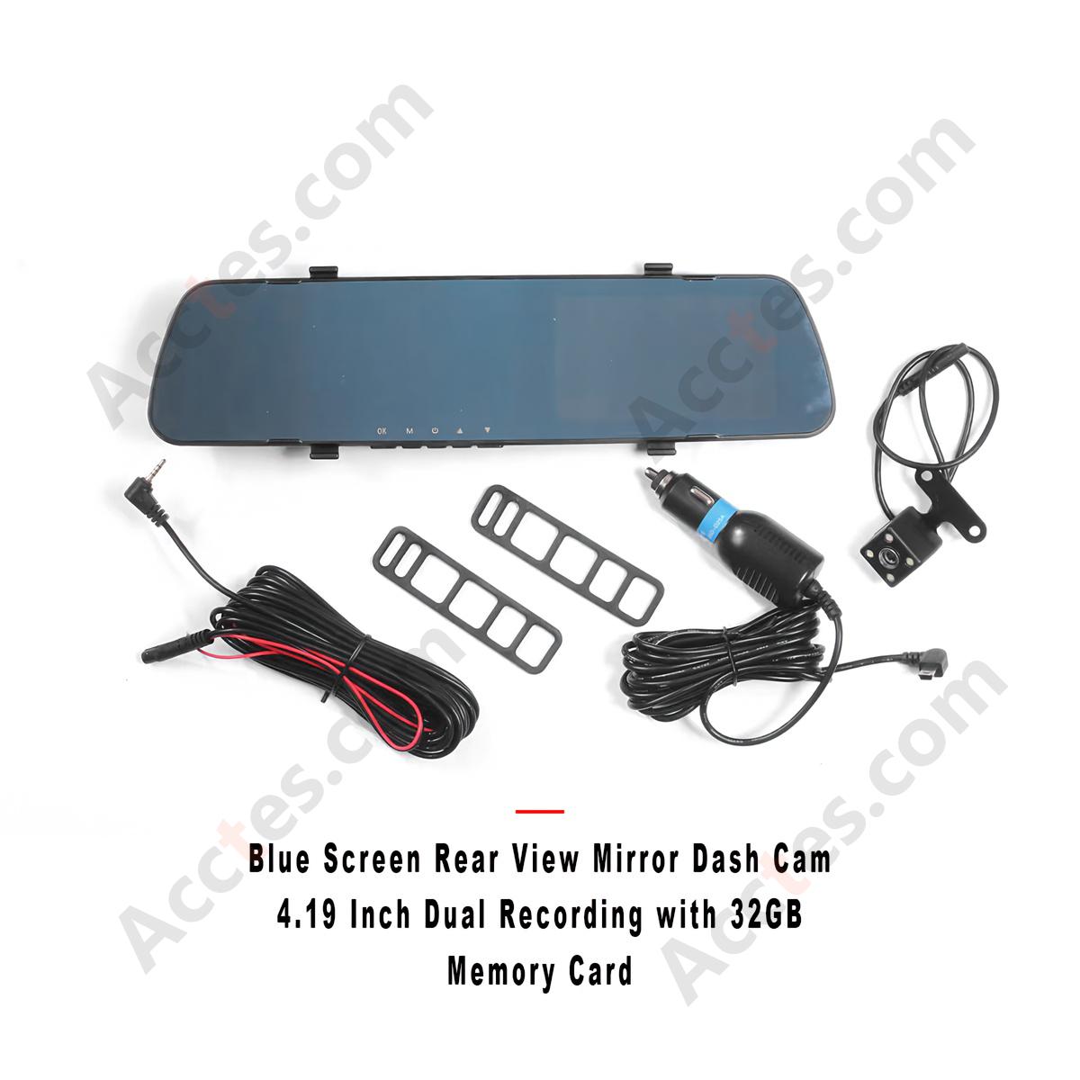 Blue Screen Rear View Mirror Dash Cam 4.19 Inch Dual Recording with 32GB Memory Card